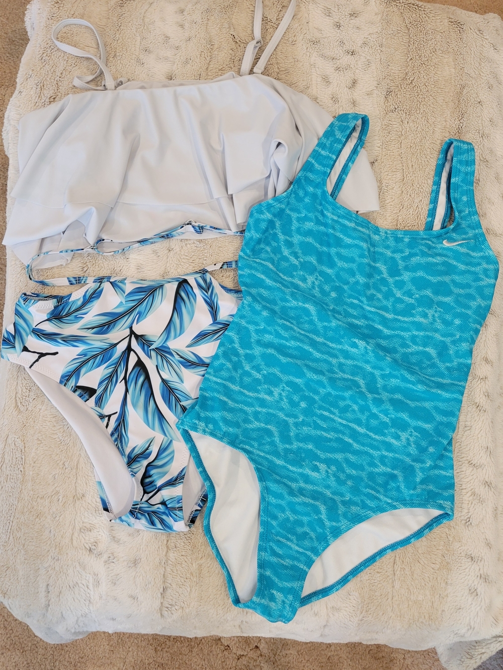 Nike Turquoise Blue One-Piece + Amazon White & Leaf-Print Bikini Set
